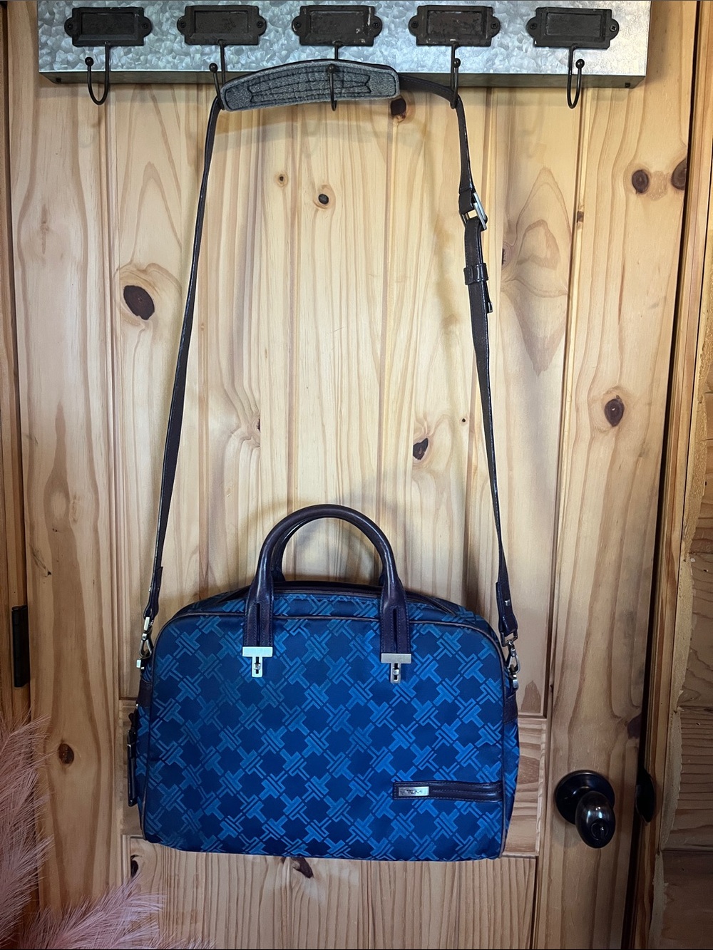 Tumi Navy Blue Patterned Laptop Bag with Dark Brown Trim